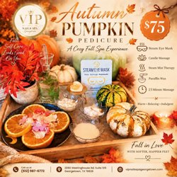VIP Nails Spa - Autumn Pumpkin Pedicure $75. Call us at (512) 987-6772. Find us at 2080 Westinghouse Rd, Suite 105, Georgetown, TX 78626
