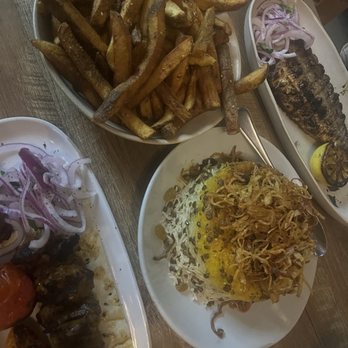 Delbar Middle Eastern - Chinjeh (left), Zataar fries (top), Adas polo (right) - Persian/Iranian Near Me - Atlanta, Georgia