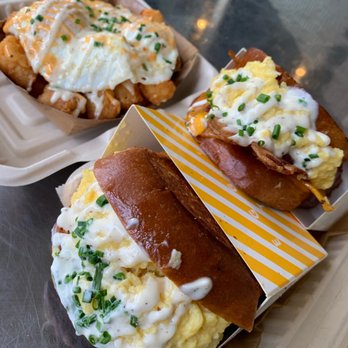 Egg Tuck - Avocado egg on bottom, Bacon egg and Cheese Sandwich on top, egg tots on the side - Breakfast & Brunch Near Me - Los Angeles, California Egg Tuck - Avocado egg on bottom, Bacon egg and Cheese Sandwich on top, egg tots on the side - Breakfast & Brunch Near Me - Los Angeles, California