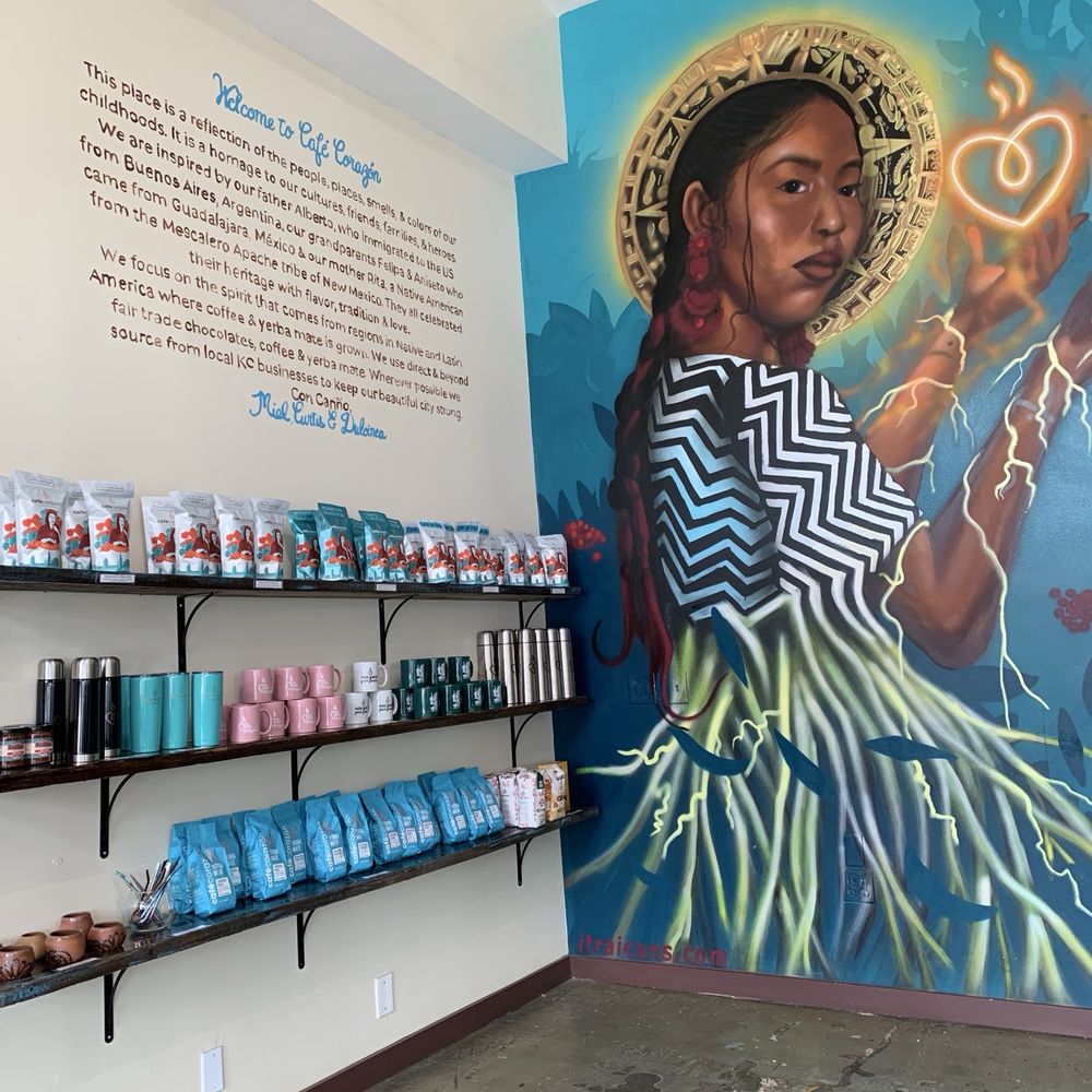 Café Corazón  - View of wall and items to purchase as you walk in - Coffee & Tea Near Me - Kansas City, Missouri
