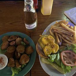 Devines Restaurant and Sports Bar - 3 Alarm burger, fried pickles and a High Life!