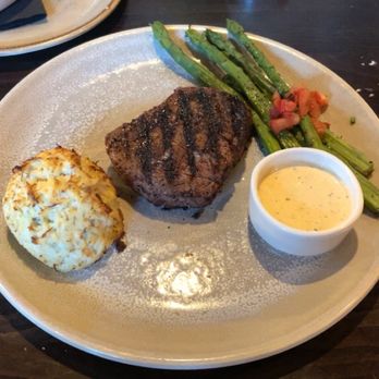 J Gilbert's - 6oz 6 oz. Center-Cut Filet Mignon with a Jumbo Lump Crab Cake and Grilled Asparagus - Bars Near Me - Omaha, Nebraska J Gilbert's - 6oz 6 oz. Center-Cut Filet Mignon with a Jumbo Lump Crab Cake and Grilled Asparagus - Bars Near Me - Omaha, Nebraska