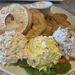 Sampler-chicken salad, egg, salad, cranberry chicken, salad with Bagel Chips Sampler-chicken salad, egg, salad, cranberry chicken, salad with Bagel Chips