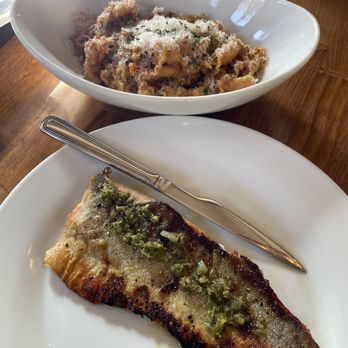 Tre Trattoria - Grilled Crispy Skin Rainbow Trout and Tagliatelle Bolognese - Italian Near Me - San Antonio, Texas