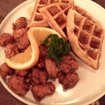 Social - Chicken & waffles served with bourbon sugar cane syrup - New American Near Me - Costa Mesa, California Social - Chicken & waffles served with bourbon sugar cane syrup - New American Near Me - Costa Mesa, California