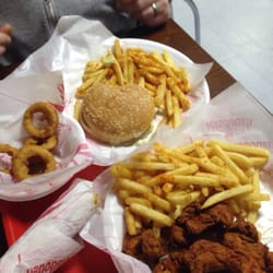 Mash's Wing Ranch - Stinger Burger, peri peri salted fries, corn on the cob, onion rings, and chicken tenders.