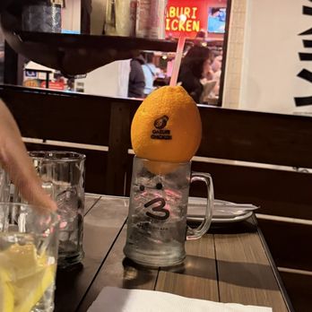 Gaburi Chicken - Orange soda drink, pour the liquid from.the orange into the mug with the sparkling water. - Izakaya Near Me - Torrance, California Gaburi Chicken - Orange soda drink, pour the liquid from.the orange into the mug with the sparkling water. - Izakaya Near Me - Torrance, California
