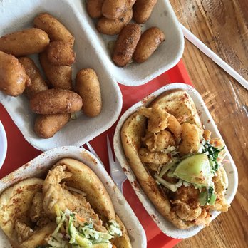 Saltbox Seafood Joint - Delicious! Shrimp roll and grouper roll with slaw, hush honeys. - Seafood Near Me - Durham, North Carolina Saltbox Seafood Joint - Delicious! Shrimp roll and grouper roll with slaw, hush honeys. - Seafood Near Me - Durham, North Carolina