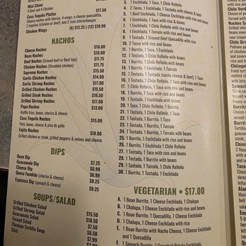Casa Tequila - A menu from a Mexican restaurant lists appetizers, nachos, tacos, vegetarian dishes, and salads with prices, including options like quesadilla, chicken wings, and vegetarian burritos. - Mexican Near Me - Seabrook, New Hampshire