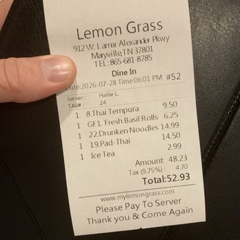 Lemon Grass - Actual footage of the final bill. I added a ten dollar tip. The waitress was great. - Sushi Bars Near Me - Maryville, Tennessee Lemon Grass - Actual footage of the final bill. I added a ten dollar tip. The waitress was great. - Sushi Bars Near Me - Maryville, Tennessee