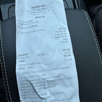 Patar Shawarma - Amount they charged . - Fast Food Near Me - Glendale, California
