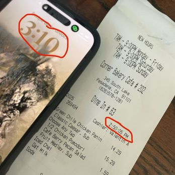 Corner Bakery Cafe - Second receipt from replacement, where 20 minutes have past with no replacement side. - Salad Near Me - Pasadena, California