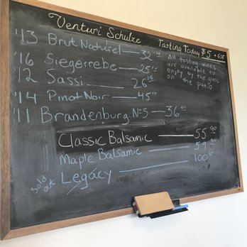 Venturi-Schulze Vineyards - a blackboard with a list of wines - Wineries Near Me - Cobble Hill, British Columbia Venturi-Schulze Vineyards - a blackboard with a list of wines - Wineries Near Me - Cobble Hill, British Columbia