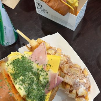 Oh K-Dog & Egg Toast - Ham and cheese toast, potato mozzarella - Hot Dogs Near Me - Plano, Texas Oh K-Dog & Egg Toast - Ham and cheese toast, potato mozzarella - Hot Dogs Near Me - Plano, Texas