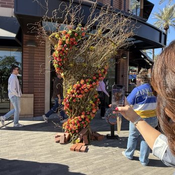 Tempe Blooms - A large outdoor sculpture composed of intertwined twigs and branches, decorated with numerous pink, red, and yellow flowers, is positioned on a sidewalk in front of a brick building. The sculpture is shaped like a heart and is supported by bricks at its base. Several people are seen around, some taking photos of the sculpture, which appears to be part of a public display or event. - Festivals Near Me - Tempe, Arizona