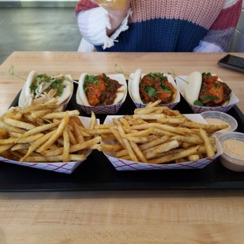Bird And Bao - Tofu Bun (The Nutty Professor) and 3 Pork Belly Buns (Patchog) with fries - Asian Fusion Near Me - Patchogue, New York Bird And Bao - Tofu Bun (The Nutty Professor) and 3 Pork Belly Buns (Patchog) with fries - Asian Fusion Near Me - Patchogue, New York