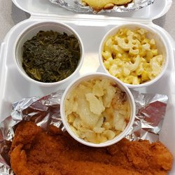 St. Augustine Fish Fry - Fried fish, mixed greens, mac and cheese, potatoes and onions, and corn bread
