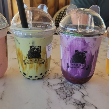 Daboba - (L to R) Strawberry yogurt, brown sugar matcha, sweet yam red bean?, passion fruit tea - Bubble Tea Near Me - Houston, Texas