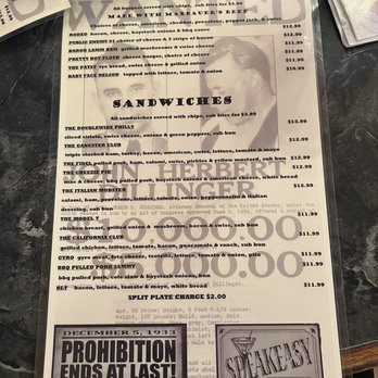 Dillinger's Pub Bootleggers - Back of Menu - Pubs Near Me - Traverse City, Michigan