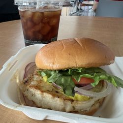 Fulton Street Cafe - Grilled chicken burger and cold brew