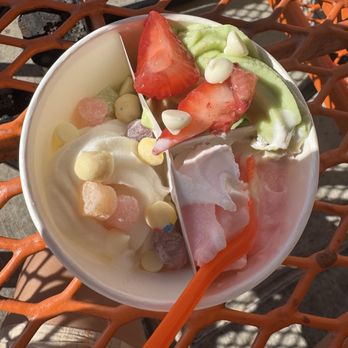 Orange Leaf Frozen Yogurt - Birthday Cake, White Chocolate, and Pistachio with variety of toppings - Ice Cream & Frozen Yogurt Near Me - Westerville, Ohio