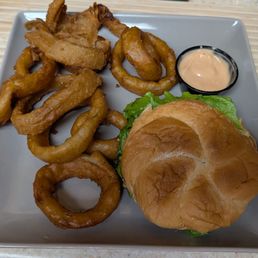 Plated giant burger and onion rings, at home. Plated giant burger and onion rings, at home.