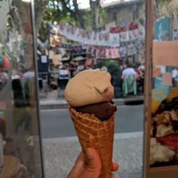 La Princière - Two favors in a cone. The olive oil & thyme was good, but the dark chocolate sorbet was incredible!