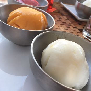 Sol by the Sea - Chef's selection of sorbet. Raspberry, mango, and lemon. - Caribbean Near Me - Key Largo, Florida Sol by the Sea - Chef's selection of sorbet. Raspberry, mango, and lemon. - Caribbean Near Me - Key Largo, Florida