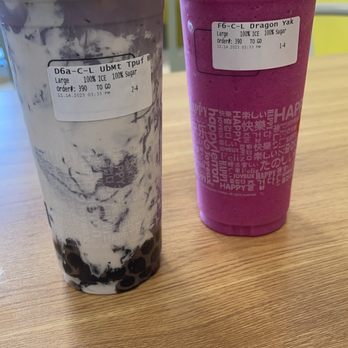 Happy Lemon - Ube milk tea on the left and dragon fruit yakult smoothie on the right - Bubble Tea Near Me - Manteca, California Happy Lemon - Ube milk tea on the left and dragon fruit yakult smoothie on the right - Bubble Tea Near Me - Manteca, California