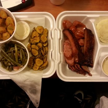 The Rib Tickler Barbeque - L to R: fried okra, green beans, fried pickles, sausage, ribs, sliced beef, mashed potatoes, & gravy - Barbeque Near Me - Tomball, Texas The Rib Tickler Barbeque - L to R: fried okra, green beans, fried pickles, sausage, ribs, sliced beef, mashed potatoes, & gravy - Barbeque Near Me - Tomball, Texas