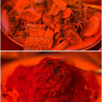 Sergiolino Restaurant - Cesar salad and meatball spaghetti. Lighting in here is neon red/pink. - Pizza Near Me - Laval, Quebec