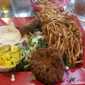 Taco Temple - Maryland blue crab cake tacos with shoestring fries. - Mexican Near Me - Morro Bay, California Taco Temple - Maryland blue crab cake tacos with shoestring fries. - Mexican Near Me - Morro Bay, California