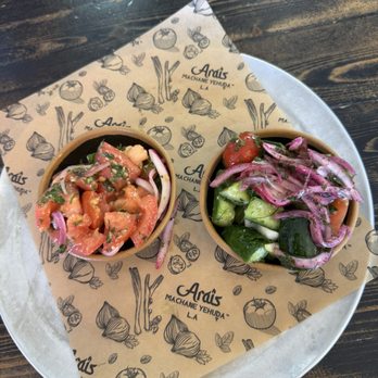 Arais Machane Yehuda LA - Israeli tomato salad. Israeli cucumber onion salad with sumac - Kosher Near Me - Tarzana, California Arais Machane Yehuda LA - Israeli tomato salad. Israeli cucumber onion salad with sumac - Kosher Near Me - Tarzana, California
