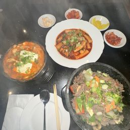 Kimchi & pork stew, tteokbokki, stone pot beef dupbap Kimchi & pork stew, tteokbokki, stone pot beef dupbap