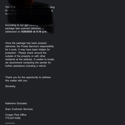 US Post Office - Email response at 5:59pm est