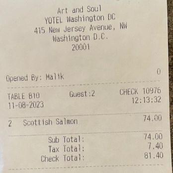 Art and Soul - Lunch bill for 2 Salmon orders - New American Near Me - Washington, DC, District of Columbia