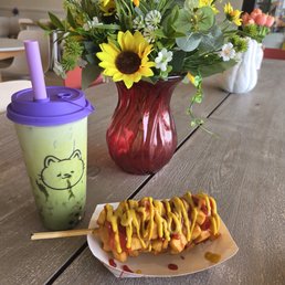 Korean corndog and strawberry matcha milk tea