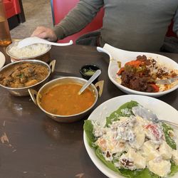 Radhe Pure Veg & Vegan - Sambar (Lentil stew) 5 Mushroom Potato Masala 5 Waldorf Salad oh so fresh Mushroom chili for the win #wishihadmoreroom #cantstopeating