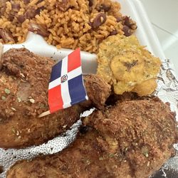 Picadera Elevated Dominican Street Food - Pica pollo, Tostones ( Seasoned Fried Plantains ), Moro De Habichuelas ( Yellow Rice & Beans ) .. all so good!