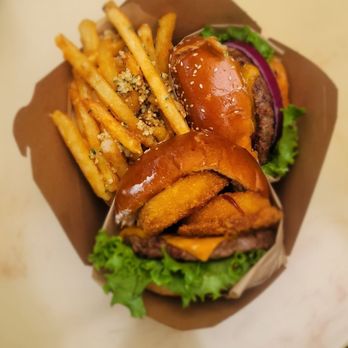 A+ Burger - California burger on the right, BBQ burger on the bottom and garlic fries - Burgers Near Me - Oakland, California A+ Burger - California burger on the right, BBQ burger on the bottom and garlic fries - Burgers Near Me - Oakland, California