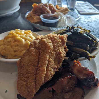 Cornbread Restaurant & Bar - Fried catfish on top of ribs, Mac and cheese and collard greens. Peach cobbler waffle on the side. - Soul Food Near Me - Southfield, Michigan Cornbread Restaurant & Bar - Fried catfish on top of ribs, Mac and cheese and collard greens. Peach cobbler waffle on the side. - Soul Food Near Me - Southfield, Michigan