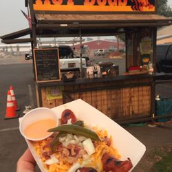 The Phat Saddle - Sunday Brunch .your choice of Sausages, country gravy, cheese , bacon, onion , jalapeño all stacked in an English muffin.