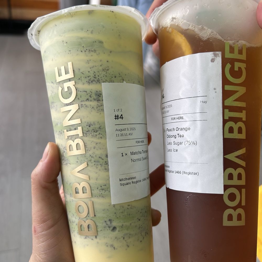 Boba Binge - Left- Matcha Tornado  Right- Peach Orange Oolong Tea - Coffee & Tea Near Me - Oakland, California