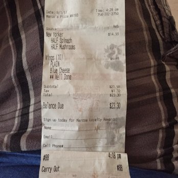 Marco's Pizza - Receipt. The fold blocks only my name&#. No survey code in sight - Pizza Near Me - Coral Springs, Florida Marco's Pizza - Receipt. The fold blocks only my name&#. No survey code in sight - Pizza Near Me - Coral Springs, Florida