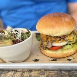 Teays River Brewing & Public House - Burnworth Burger and roasted Brussels sprouts