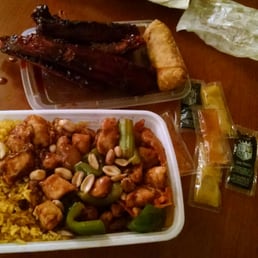 Kung Pao Chicken dinner special with pork fried rice and a egg roll. A side of spareribs as well. Kung Pao Chicken dinner special with pork fried rice and a egg roll. A side of spareribs as well.
