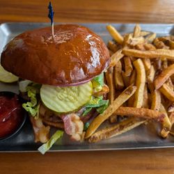 Warren burger and fries with bacon.