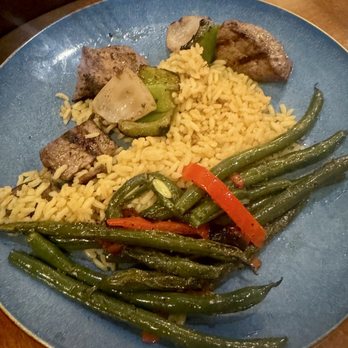 Papapavlo's - Beef brochette with rice pilaf and veggies - New American Near Me - Lodi, California