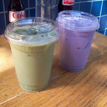 Two Hands - left: matcha latte with vanilla syrup  right: taro latte - Cocktail Bars Near Me - Austin, Texas
