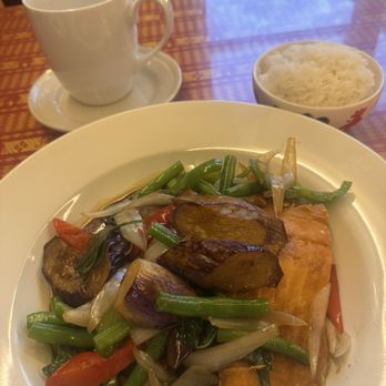 Stowe Thai Cuisine - Salmon w/ eggplant. Delicious!  (About $30, July 2026) - Thai Near Me - Stowe, Vermont